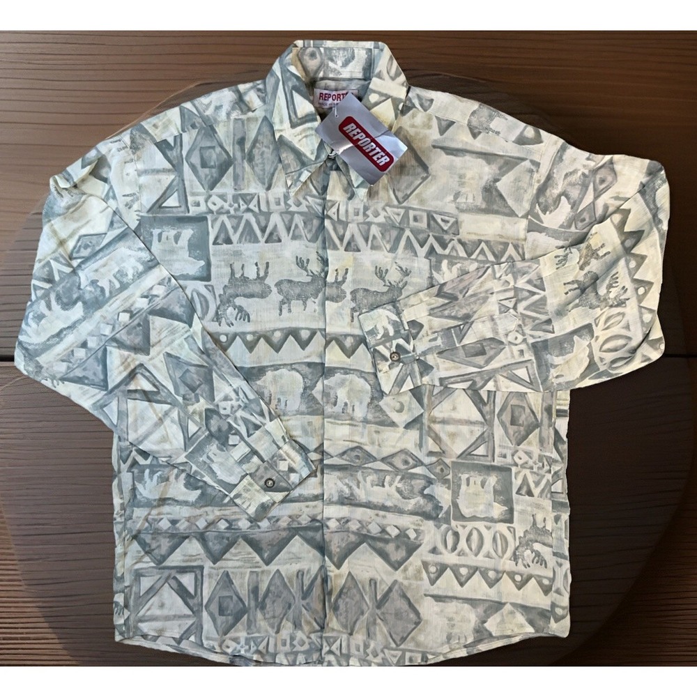 Reporter Shirt Men Sz L Long Sleeve Button Front 90s Abstract Australia Vintage